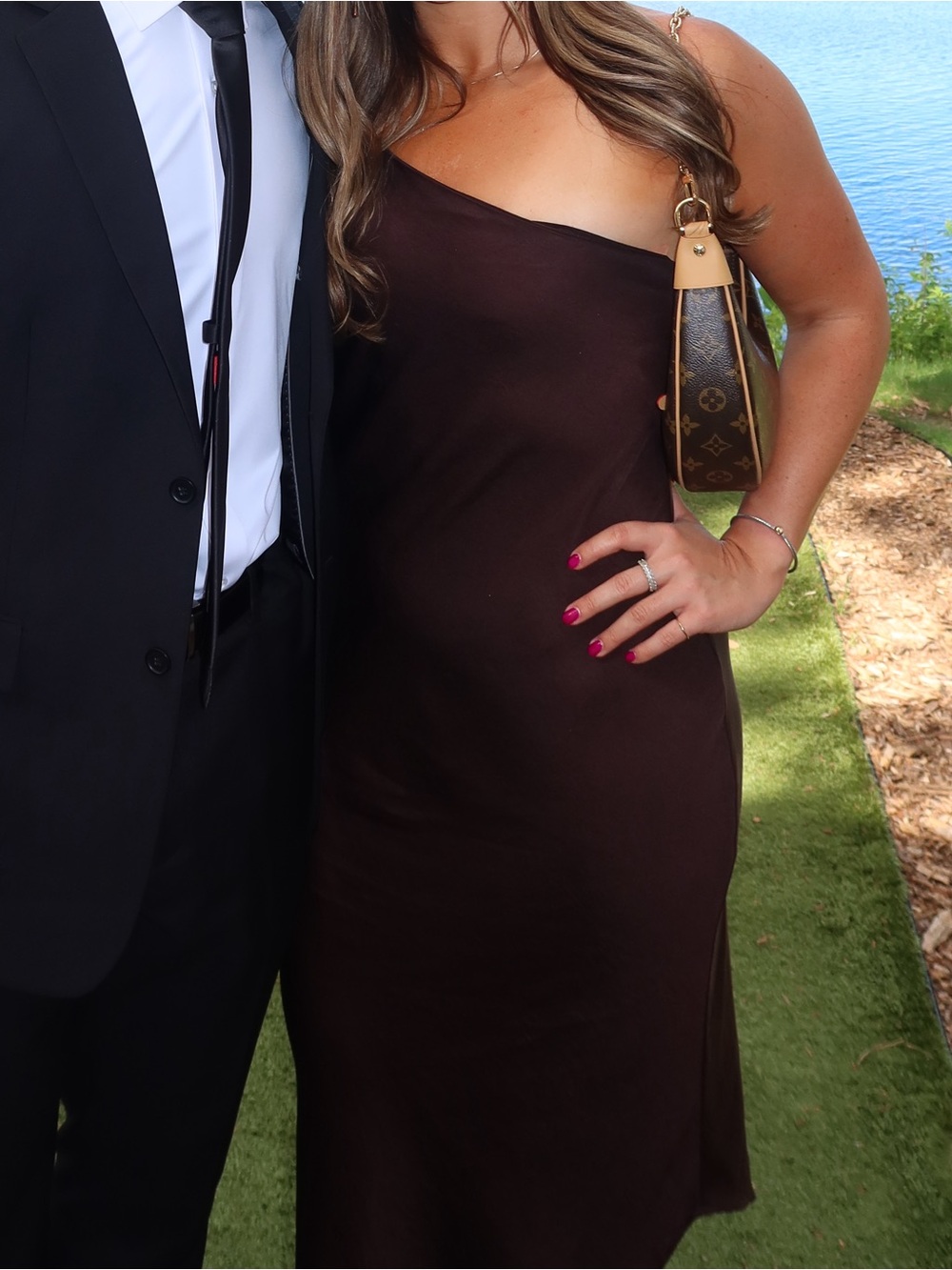Mango One-Shoulder Dark Brown Draped Dress - Picture 7 of 7